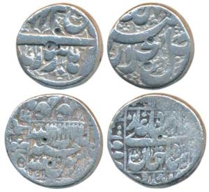 Silver Rupee (2), Akbar, Burhanpur Mint, & Shah Jahan, Daulatabad Mint, AH 1045 (KM 93.7 &