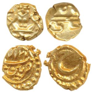 Gold Fanam (2), Tipu Sultan, Patan Mint, AM 1217, Persian ’He’ on rev.; Mysore, Krishna Ra