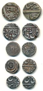 Baroda, Sayaji Rao III, Silver ½, AH 129X, nagari ’Sa’ and katar; Gwalior, Jankoji Rao, Si