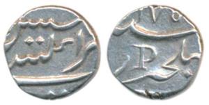 Silver Fanon or 1/5 Rupee, 2.26g, struck at Pondicherry Mint for Mahé, 175X AD with letter