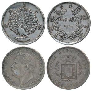 Silver Rupee (2), Luiz I, 1881 AD; Burma, dancing peacock on obv. Very Fine+. (2)
