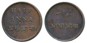 Copper ½ Anna, 11.6g, 1831-35 issue, New Calcutta Mint, inverted die axis (KM 720). Very F