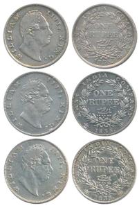 William IV, Silver Rupee (3), 1835, F incuse, the third without initial. Fine to Very Fine