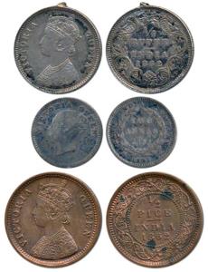 Victoria Queen, Silver 2 Annas, continuous legend; Silver ¼ Rupee, 1862; Copper ½ Pice, 18