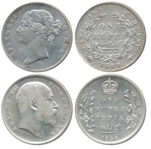 Victoria Queen, Silver Rupee, 1840, divided legend; Edward VII, Silver Rupee, 1906. The fi