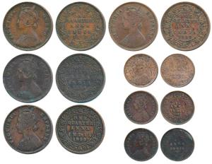 Victoria Queen and Empress, Copper ¼ Anna (4), 1862, 1884, 1893 and 1898; Copper 1/12 Anna