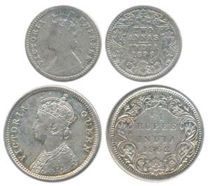 Victoria Queen and Empress, Silver ¼ Rupee 1862; 2 Annas, 1896. Fine to Very Fine. (2)