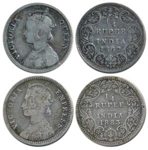 Victoria Queen and Empress, Silver ¼ Rupee (2), 1862 and 1883. Fine to Fine+. (2)