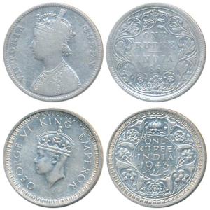 Victoria Queen,1862, Bombay Mint, A / II / 0 / 10 (Prid 93); George VI, Half Silver Rupee,