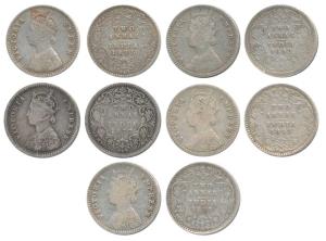 Victoria Queen & Empress, Silver 2 Annas, 1875, 1877, 1892, 1893, 1897. Fine+ to Very Fine