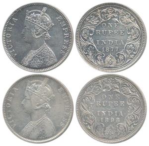 Victoria Empress, Silver Rupee (2), 1877, A3 / II / dot; 1898, C2 / I / B incuse. Fine+ to
