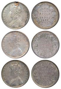 Victoria Empress, Silver Rupee (3), 1877, 1890 and 1901. Very Fine+. (3)