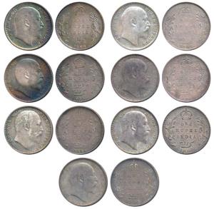 Edward VII, Silver Rupee (7), 1903, 1904, 1906, 1907, 1908 and 1910. (7)
