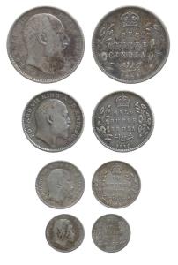 Edward VII, set of 4, Silver Rupee, ½, ¼ and 2 Annas, 1906 (2), 1910 and 1905. Fine+ to Ve