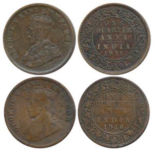 George V, Bronze ¼ Anna, 1911 & 1916, Calcutta Mint, (Prid 656 & 651). Fine to Very Fine+.