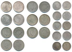 George VI, Silver ½ Rupee (7), 1939, 1940, 1941, 1943, 1944, 1945 (2); ¼ Rupee (5), 1939, 