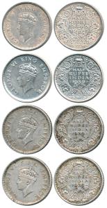 George VI, Silver ½ Rupee (4), 1938, Bombay Mint, 1st head; 1939, Calcutta Mint, 1st head;