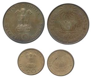 Silver Rupees 10 and Nickel Brass 20 Paise, 1970, Bombay Mint, Food for All. Toned, About 