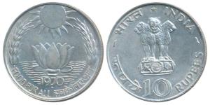Silver Rupees 10, 1970, Bombay Mint, Food for All (KM 186). Uncirculated.