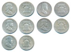 United States of America, Silver Franklin ½ Dollar, Liberty bell on rev. 1948, 1950, 1953,