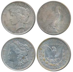 United States of America, Silver Morgan Dollar, 1921, and Peace Dollar, 1923. Very Fine to
