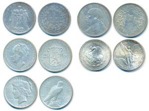 Assorted lot of World Silver Crowns (5), China; France, 5 Francs, 1874; Mexico, Silver Onz
