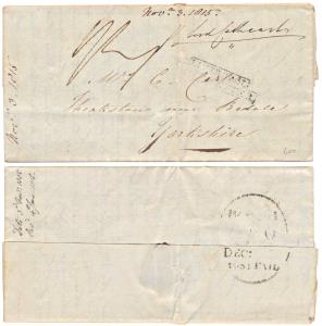 1816 pre-stamp cover bearing ”BENGAL G.P.O./ DEC:/POST PAID” large oval in black (Giles SD