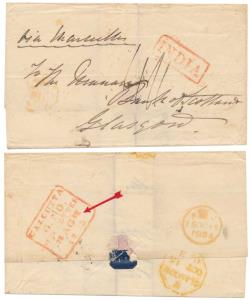 1853 pre-stamp cover with ”CALCUTTA/ G.P.O./ SHIPLETTER/24 AG 24/1853” (second ”24” invert