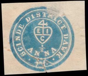 1852 Scinde Dawk, ½a blue, SGS2, cut square, tied by extremely scarce red diamond of dots 