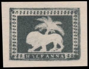 1922 Lion & Palm Tree Essay, ½a, in black on stout white card, Rare (Spence #53). Fine.