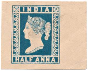 1854 ½a blue Essay with ”S” of ”SPECIMEN” on reverse (Spence #99). Fine.