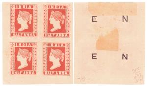 1894 ½a Essay blk/4 in red with ”SPECIMEN’ in large sans serif capitals at the back so tha