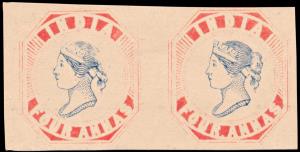 1891 Essay 4a aniline-red and blue pair on yellowish wove paper, no watermark (Spence #25)