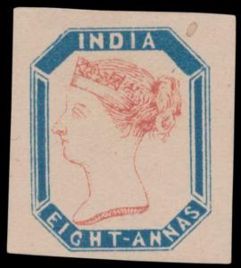 1890 Essay of un-adopted design of QV 8a octagonal in blue & red (Spence #2). Scarce, Fine