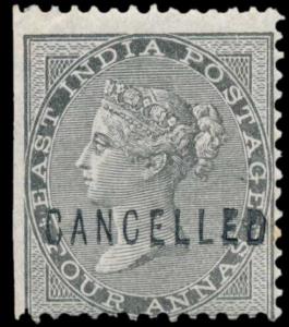 1856-64 4a grey-black ovpt. ”CANCELLED” in sans-serif caps 15.5mmx2.5mm, imperf at left, S