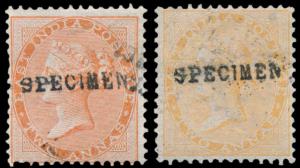 1865 2a yellow and 2a orange, both ovpt. ”SPECIMEN” in serif caps 14.75mmx2mm, Samuel type