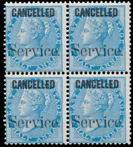 1867-73 ½a blue ovpt. large ”Service” blk/4, further ovpt. ”CANCELLED” in thick sans serif