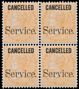 1867-73 2a orange ovpt. large ”Service” blk/4, further ovpt. ”CANCELLED” in thick sans ser