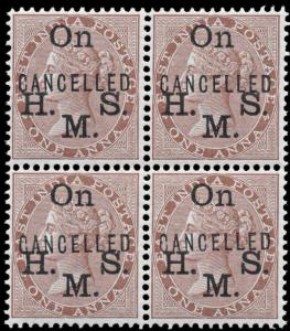 1874-82 1a brown ovpt. ”On H.M.S.” blk/4, further ovpt. ”CANCELLED” in sans serif caps 15.