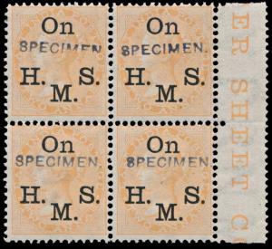 1874-82 2a orange ovpt. ”On H.M.S.” blk/4 with marginal inscription, further ovpt. ”SPECIM