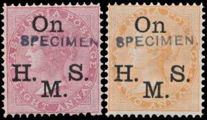 1874-82 2a orange and 8a carmine Die II ovpt. ”On H.M.S.”, further ovpt. ”SPECIMEN” in san