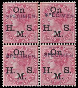 1874-82 8a carmine Die II ovpt. large ”On H.M.S.” blk/4, further ovpt. ”SPECIMEN” in sans 