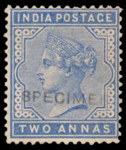1882-90 2a blue ovpt. ”SPECIMEN” in sans-serif caps 16mmx2mm, Samuel type 15. Fine.