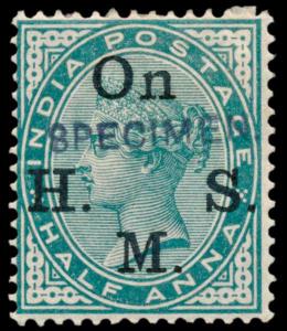 1883-99 ½a green ovpt. ”On H.M.S.”, further ovpt. ”SPECIMEN” in sans serif caps with stop 