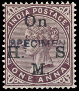 1883-99 1a brown ovpt ”On H.M.S.”, further ovpt. ”SPECIMEN” in sans serif caps with stop 1