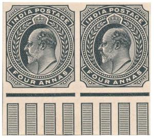 1902-11 KED VII 4a pair imperf proof in black on card stock showing bottom margin design. 