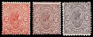 1925 Delhi Specimen KG V 2a brown, red and black brown, set of 3. Fine.