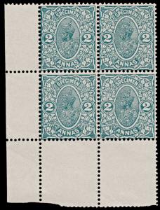 1925 Delhi Specimen KG V 2 Annas green, marginal blk/4. Fine.