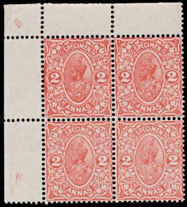 1925 Delhi Specimen KG V 2a orange, marginal blk/4. Fine.