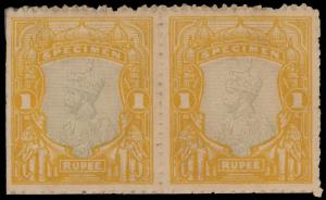 1925 Delhi Specimen, KG V 1Rupee grey and ochre, rouletted horizontal pair. Fine, Rare.